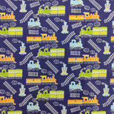 FS771_1 Train Track Poly Cotton Fabric Navy | Fabric | Children, Colourful, drape, Fabric, fashion fabric, FS771, Green, Kids, making, Navy, Poly, Poly Cotton, Sale, sewing, Skirt, Train Track, Unicorn, White | Fabric Styles