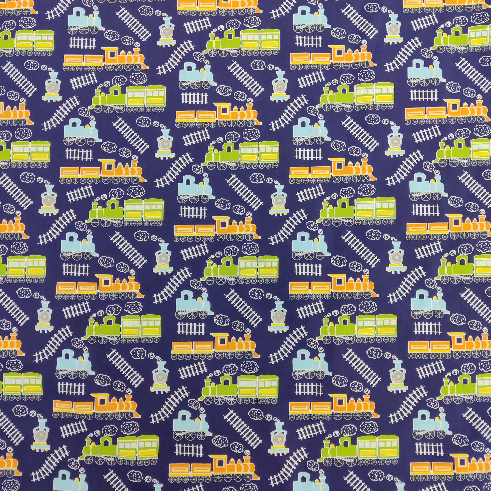 FS771_1 Train Track Poly Cotton Fabric Navy | Fabric | Children, Colourful, drape, Fabric, fashion fabric, FS771, Green, Kids, making, Navy, Poly, Poly Cotton, Sale, sewing, Skirt, Train Track, Unicorn, White | Fabric Styles