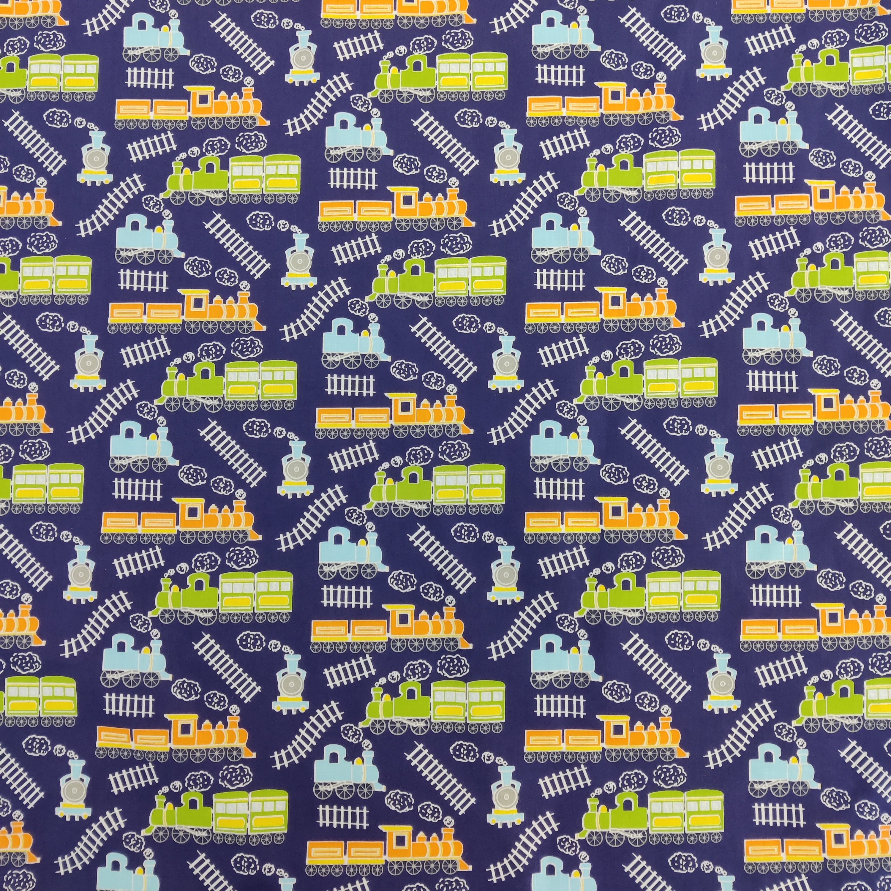 FS771_1 Train Track Poly Cotton Fabric Navy | Fabric | Children, Colourful, drape, Fabric, fashion fabric, FS771, Green, Kids, making, Navy, Poly, Poly Cotton, Sale, sewing, Skirt, Train Track, Unicorn, White | Fabric Styles