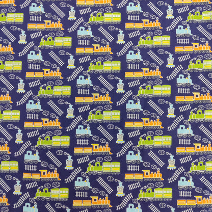 FS771_1 Train Track Poly Cotton Fabric Navy | Fabric | Children, Colourful, drape, Fabric, fashion fabric, FS771, Green, Kids, making, Navy, Poly, Poly Cotton, Sale, sewing, Skirt, Train Track, Unicorn, White | Fabric Styles