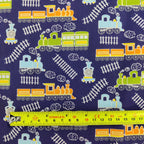 FS771_1 Train Track Poly Cotton Fabric Navy | Fabric | Children, Colourful, drape, Fabric, fashion fabric, FS771, Green, Kids, making, Navy, Poly, Poly Cotton, Sale, sewing, Skirt, Train Track, Unicorn, White | Fabric Styles