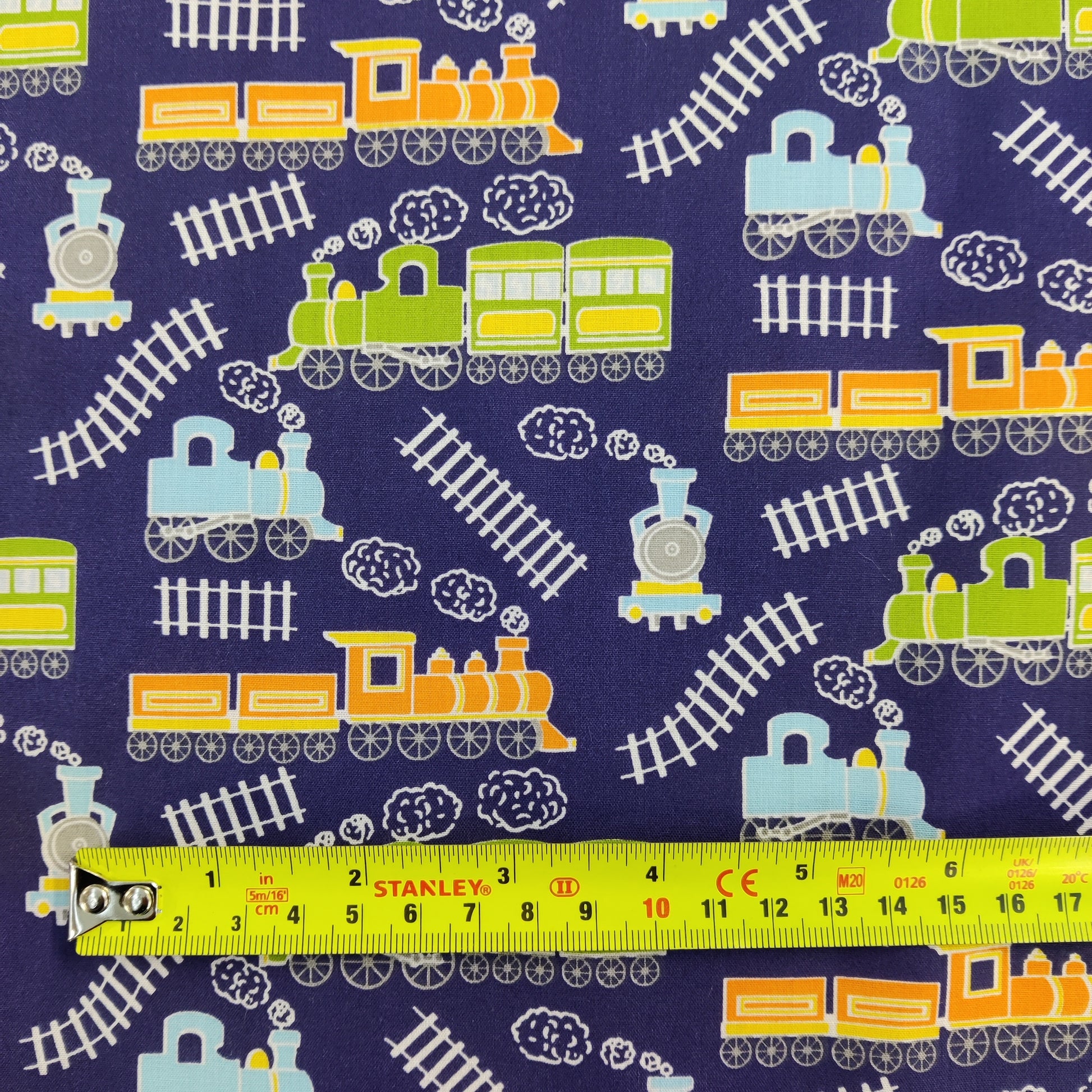 FS771_1 Train Track Poly Cotton Fabric Navy | Fabric | Children, Colourful, drape, Fabric, fashion fabric, FS771, Green, Kids, making, Navy, Poly, Poly Cotton, Sale, sewing, Skirt, Train Track, Unicorn, White | Fabric Styles