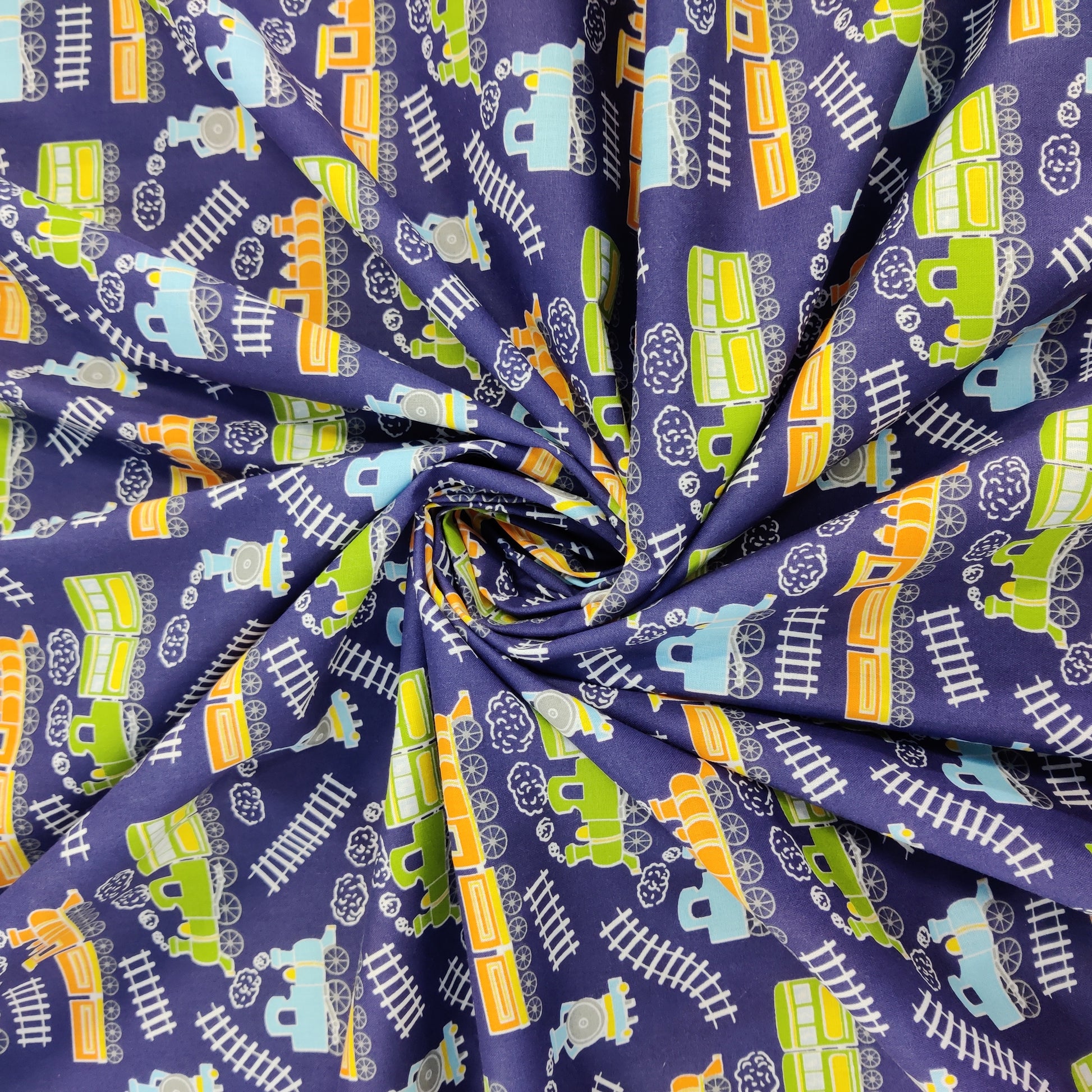 FS771_1 Train Track Poly Cotton Fabric Navy | Fabric | Children, Colourful, drape, Fabric, fashion fabric, FS771, Green, Kids, making, Navy, Poly, Poly Cotton, Sale, sewing, Skirt, Train Track, Unicorn, White | Fabric Styles