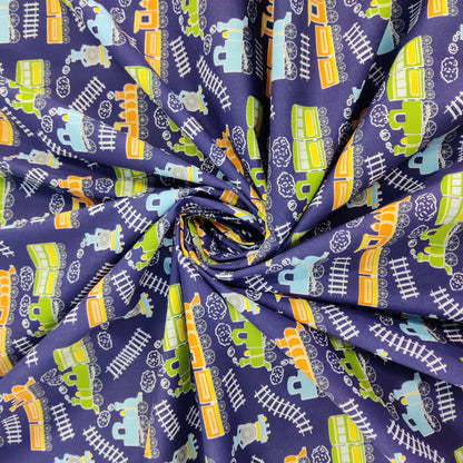 FS771_1 Train Track Poly Cotton Fabric Navy | Fabric | Children, Colourful, drape, Fabric, fashion fabric, FS771, Green, Kids, making, Navy, Poly, Poly Cotton, Sale, sewing, Skirt, Train Track, Unicorn, White | Fabric Styles