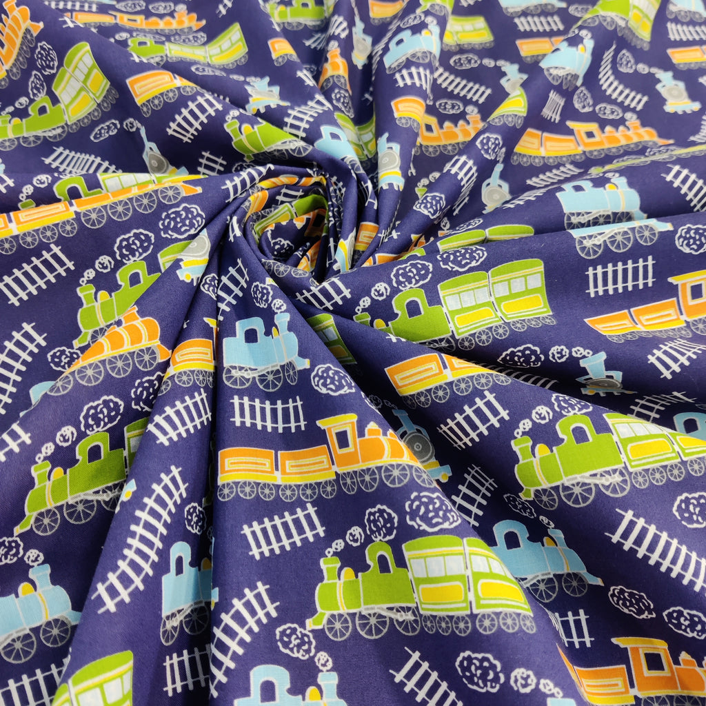 FS771_1 Train Track Poly Cotton Fabric Navy | Fabric | Children, Colourful, drape, Fabric, fashion fabric, FS771, Green, Kids, making, Navy, Poly, Poly Cotton, Sale, sewing, Skirt, Train Track, Unicorn, White | Fabric Styles