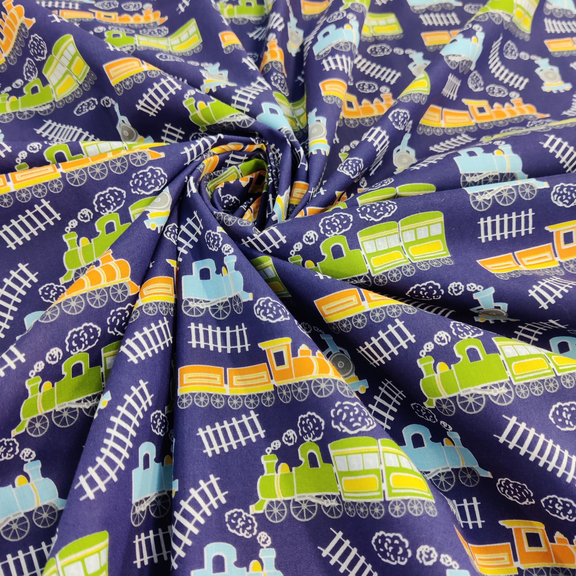 FS771_1 Train Track Poly Cotton Fabric Navy | Fabric | Children, Colourful, drape, Fabric, fashion fabric, FS771, Green, Kids, making, Navy, Poly, Poly Cotton, Sale, sewing, Skirt, Train Track, Unicorn, White | Fabric Styles