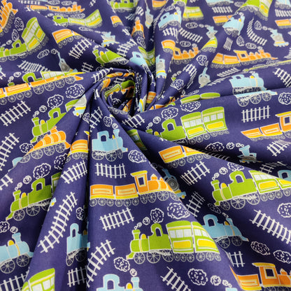 FS771_1 Train Track Poly Cotton Fabric Navy | Fabric | Children, Colourful, drape, Fabric, fashion fabric, FS771, Green, Kids, making, Navy, Poly, Poly Cotton, Sale, sewing, Skirt, Train Track, Unicorn, White | Fabric Styles