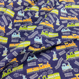 FS771_1 Train Track Poly Cotton Fabric Navy | Fabric | Children, Colourful, drape, Fabric, fashion fabric, FS771, Green, Kids, making, Navy, Poly, Poly Cotton, Sale, sewing, Skirt, Train Track, Unicorn, White | Fabric Styles