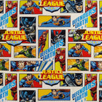 FS895_1 Justice League Defenders of Earth Cotton | Fabric | Baby, Batman, Brand, Branded, Children, comic, comics, Cotton, Defenders, Fabric, fashion fabric, Hero, Kids, Light blue, logo, Super Hero, superhero, Superman | Fabric Styles