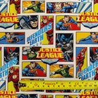 FS895_1 Justice League Defenders of Earth Cotton | Fabric | Baby, Batman, Brand, Branded, Children, comic, comics, Cotton, Defenders, Fabric, fashion fabric, Hero, Kids, Light blue, logo, Super Hero, superhero, Superman | Fabric Styles