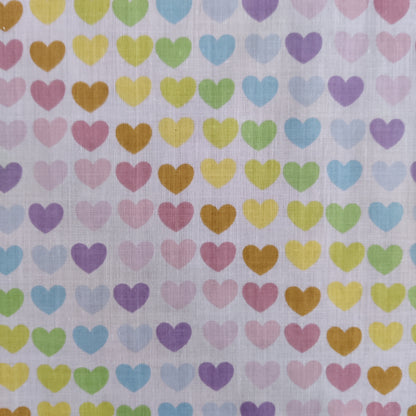FS886 Pastel Rainbow Hearts Polycotton | Fabric | Children, Fabric, fashion fabric, Kid, Kids, making, Multicolour, Poly, Poly Cotton, Rainbow, Sale, sewing, Skirt, White | Fabric Styles