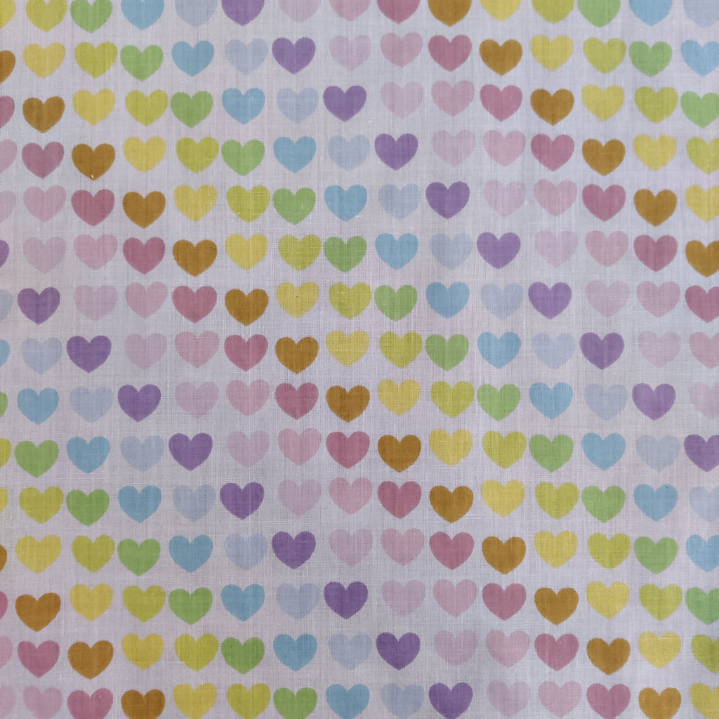 FS886 Pastel Rainbow Hearts Polycotton | Fabric | Children, Fabric, fashion fabric, Kid, Kids, making, Multicolour, Poly, Poly Cotton, Rainbow, Sale, sewing, Skirt, White | Fabric Styles