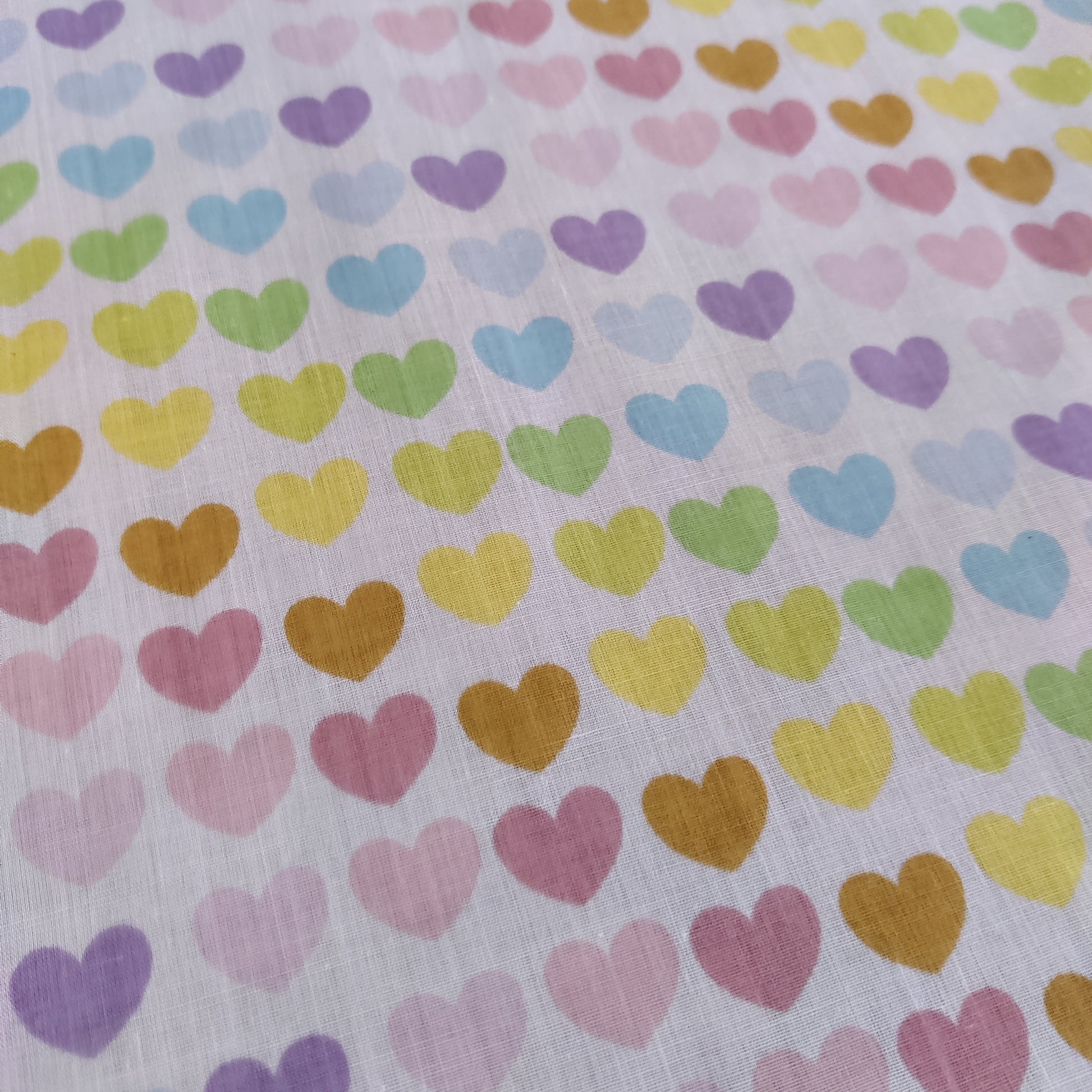 FS886 Pastel Rainbow Hearts Polycotton | Fabric | Children, Fabric, fashion fabric, Kid, Kids, making, Multicolour, Poly, Poly Cotton, Rainbow, Sale, sewing, Skirt, White | Fabric Styles