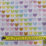 FS886 Pastel Rainbow Hearts Polycotton | Fabric | Children, Fabric, fashion fabric, Kid, Kids, making, Multicolour, Poly, Poly Cotton, Rainbow, Sale, sewing, Skirt, White | Fabric Styles