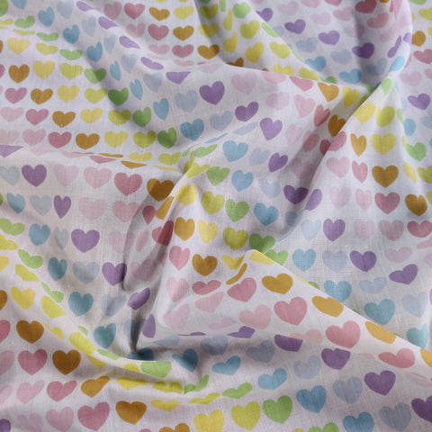 FS886 Pastel Rainbow Hearts Polycotton | Fabric | Children, Fabric, fashion fabric, Kid, Kids, making, Multicolour, Poly, Poly Cotton, Rainbow, Sale, sewing, Skirt, White | Fabric Styles