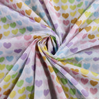 FS886 Pastel Rainbow Hearts Polycotton | Fabric | Children, Fabric, fashion fabric, Kid, Kids, making, Multicolour, Poly, Poly Cotton, Rainbow, Sale, sewing, Skirt, White | Fabric Styles