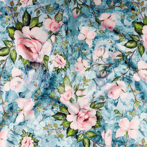 FS1001 Rose Palace Scuba Stretch Knit Fabric Blue | Fabric | blue, fabric, floral, pink rose, scuba, watercolour | Fabric Styles