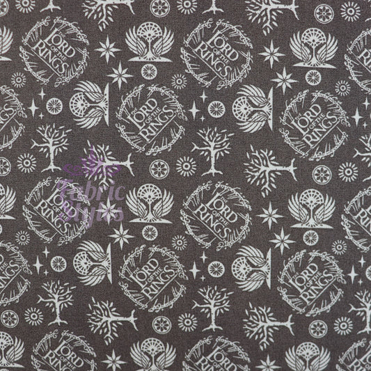 FS982_2 Lord The Of The Rings Logo in Taupe - Cotton | Fabric | Book, Brand, Branded, Characters, Children, comics, Cotton, Fabric, fashion fabric, Logo, Lord, Lord of the Rings, making, Movie, Ring, Rings | Fabric Styles