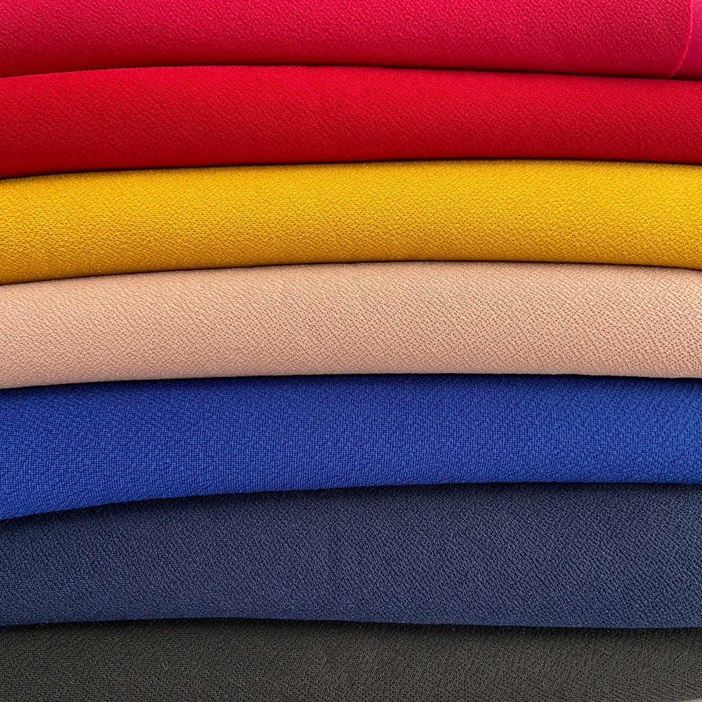 FS553 Valentino Crepe Colours | Fabric | Black, Blouse, Blush, drape, Dress making, Fabric, fashion fabric, Floral Leopard, Fuchsia, Mustard, Navy, New, Plain, Red, sewing, Stretchy, suede, textured, Valentino, Valentino Crepe, Waffle | Fabric Styles