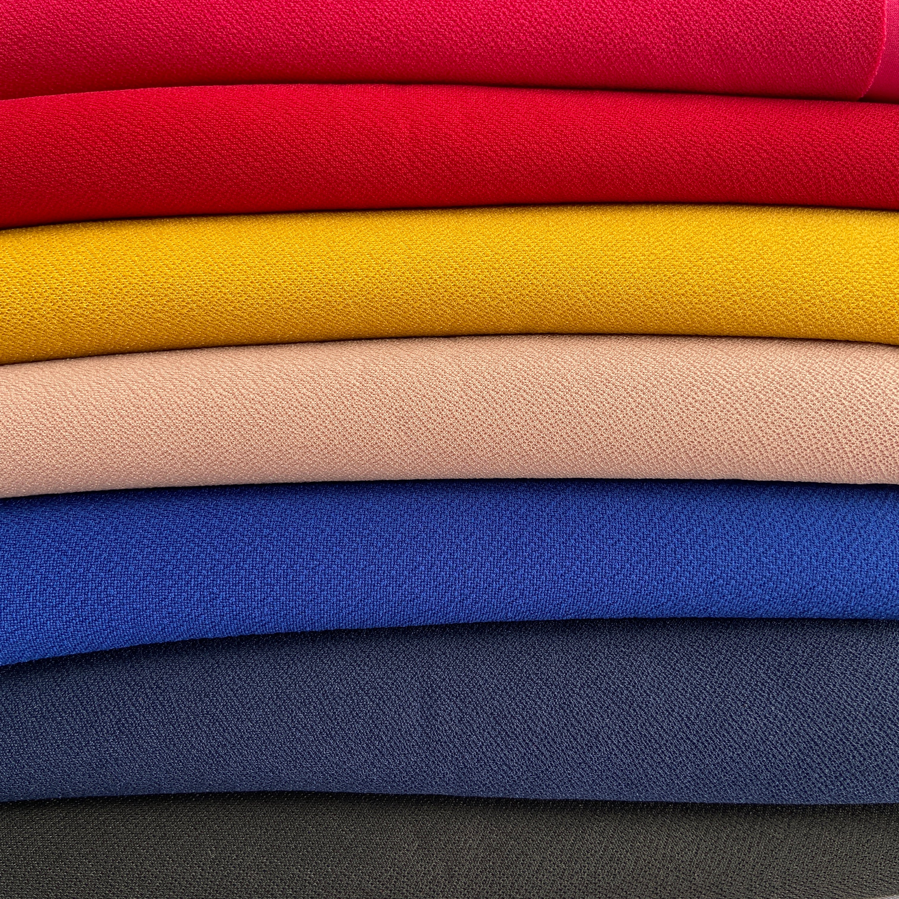 FS553 Valentino Crepe Colours | Fabric | Black, Blouse, Blush, drape, Dress making, Fabric, fashion fabric, Floral Leopard, Fuchsia, Mustard, Navy, New, Plain, Red, sewing, Stretchy, suede, textured, Valentino, Valentino Crepe, Waffle | Fabric Styles