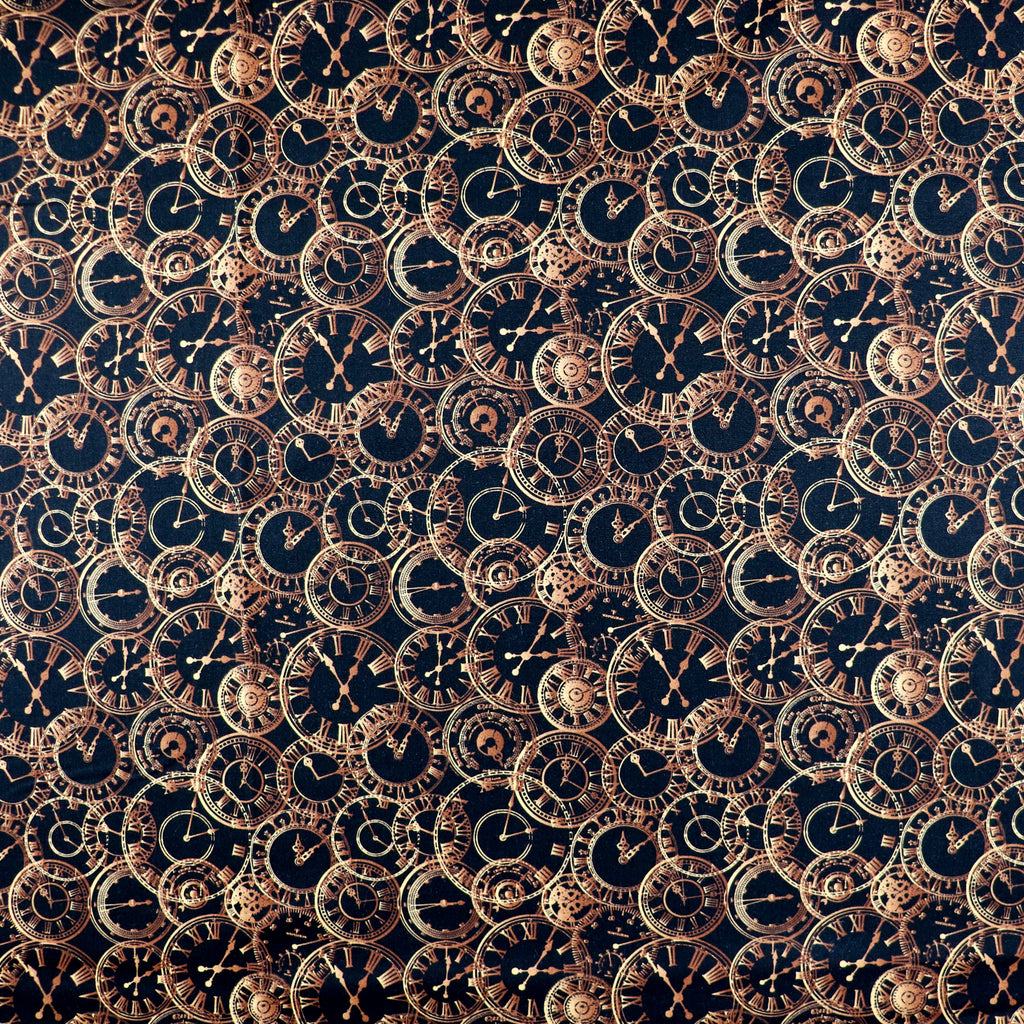 FS659 Steampunk Clocks Cotton Fabric Black | Fabric | blue, celebration, children's, Cotton, Fabric, fashion fabric, kids, sewing | Fabric Styles