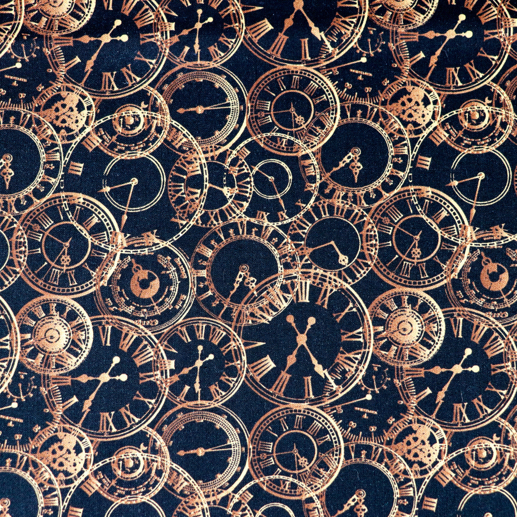 FS659 Steampunk Clocks Cotton Fabric Black | Fabric | blue, celebration, children's, Cotton, Fabric, fashion fabric, kids, sewing | Fabric Styles