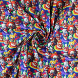 FS1107 Crazy Clowns Cotton Fabric | Fabric | Children, children's, Chilling, Clown, Clowns, Cotton, Cuties, drape, Fabric, fashion fabric, Kids, making, Monster, Monstor, Rainbow, sewing, Skirt, Skull | Fabric Styles