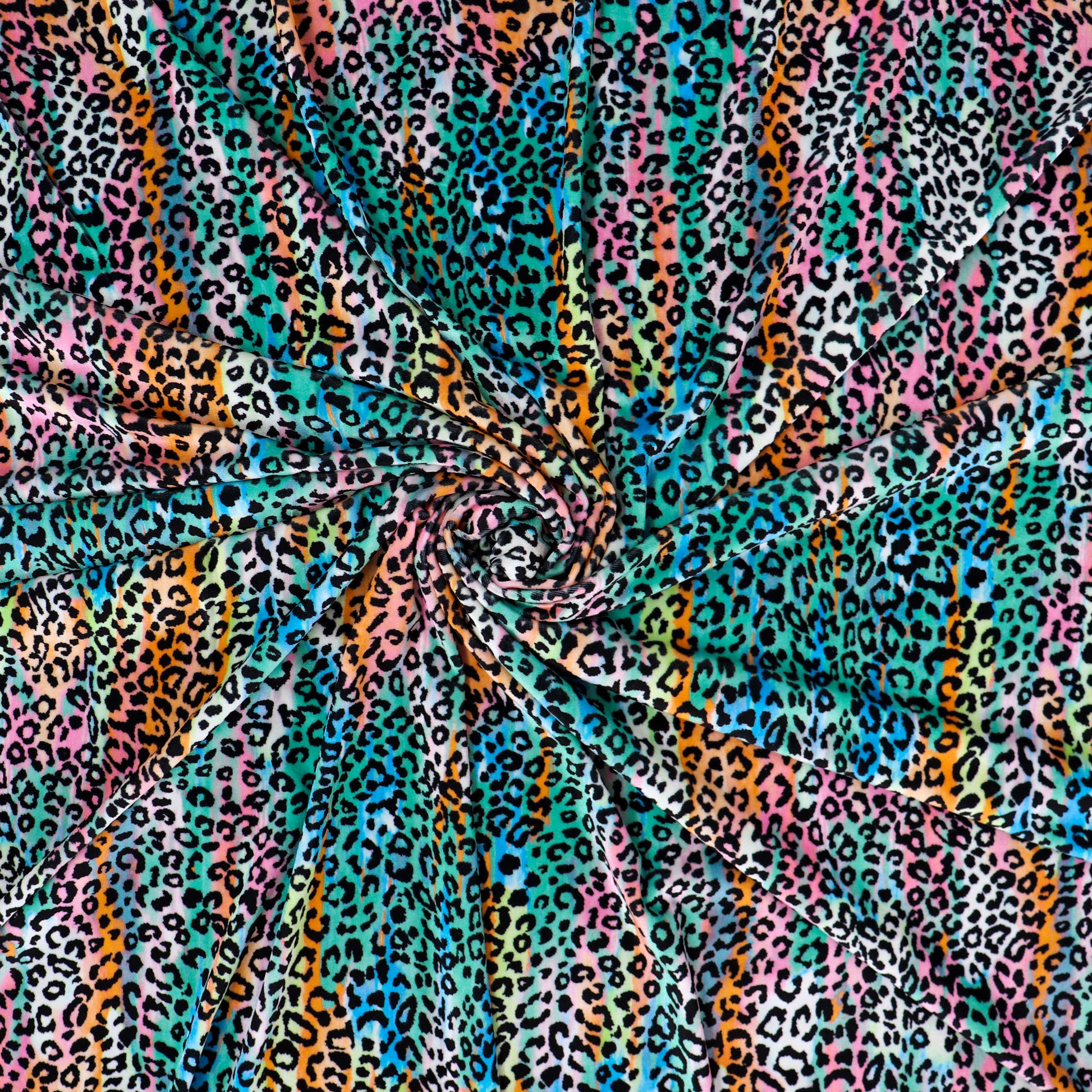 FS1128 Colour Burst Leopard Velvet Stretch Knit Fabric | Fabric | Animal, fabric, Leopard, Multicolour, purple, rainbow, Velour, Velvet | Fabric Styles