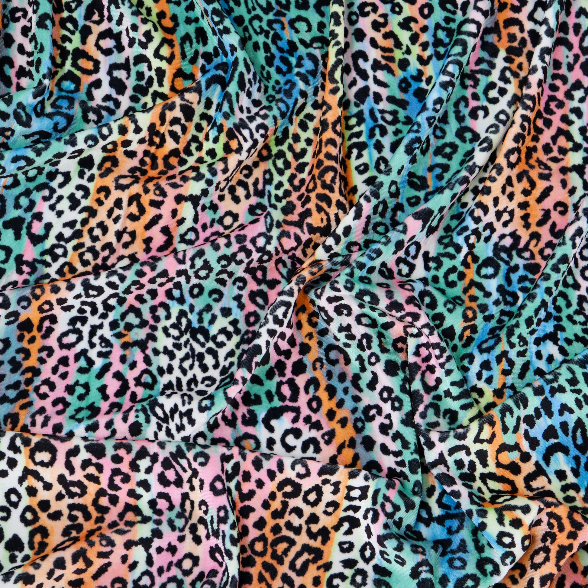FS1128 Colour Burst Leopard Velvet Stretch Knit Fabric | Fabric | Animal, fabric, Leopard, Multicolour, purple, rainbow, Velour, Velvet | Fabric Styles