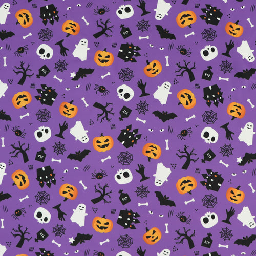 FS1125 Spooky Cemetry Purple Scuba Jersey Stretch | Fabric | Bones, Ghost, halloween, pumpkin, Purple, scuba, spider, Spooky, Webs | Fabric Styles