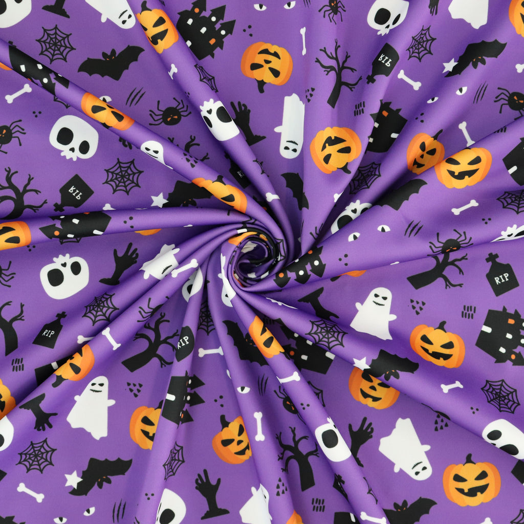 FS1125 Spooky Cemetry Purple Scuba Jersey Stretch | Fabric | Bones, Ghost, halloween, pumpkin, Purple, scuba, spider, Spooky, Webs | Fabric Styles