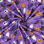 FS1125 Spooky Cemetry Purple Scuba Jersey Stretch | Fabric | Bones, Ghost, halloween, pumpkin, Purple, scuba, spider, Spooky, Webs | Fabric Styles