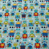 FS679_1 Robot Dreams Cotton Fabric Blue | Fabric | blue, celebration, children's, Cotton, Denim, drape, Dream, Fabric, fashion fabric, grey, kid, kids, Light blue, making, Robot, Robot Dream, Robot Dreams, rugby, sewing, Skirt, sports, Sports day | Fabric Styles