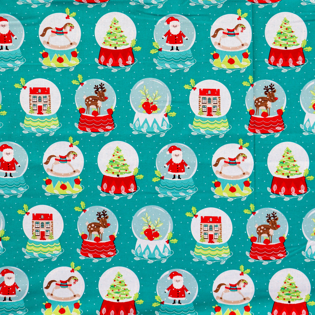 FS1162 Christmas Santa Snowglobes Cotton Fabric Green | Fabric | 100% Cotton, Christmas, Cotton, drape, Fabric, face, fashion fabric, Hat, making, Reindeer, sewing, Sledge, sleigh, Snake, Snow, Snowflake, snowflakes, Snowing, Snowman, Snowmen, Stars, xmas | Fabric Styles