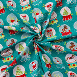 FS1162 Christmas Santa Snowglobes Cotton Fabric Green | Fabric | 100% Cotton, Christmas, Cotton, drape, Fabric, face, fashion fabric, Hat, making, Reindeer, sewing, Sledge, sleigh, Snake, Snow, Snowflake, snowflakes, Snowing, Snowman, Snowmen, Stars, xmas | Fabric Styles