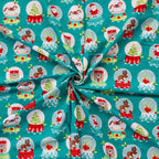 FS1162 Christmas Santa Snowglobes Cotton Fabric Green | Fabric | 100% Cotton, Christmas, Cotton, drape, Fabric, face, fashion fabric, Hat, making, Reindeer, sewing, Sledge, sleigh, Snake, Snow, Snowflake, snowflakes, Snowing, Snowman, Snowmen, Stars, xmas | Fabric Styles