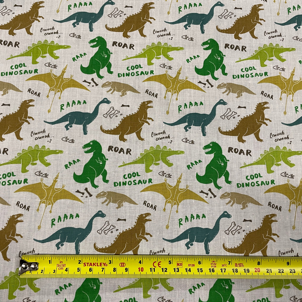 FS857 Cool Dinosaur | Fabric | Animal, Children, Colourful, Cool, Dinosaur, drape, Fabric, fashion fabric, Hearts, Kid, Kids, making, Poly, Poly Cotton, Rose, sewing, Skirt, White | Fabric Styles