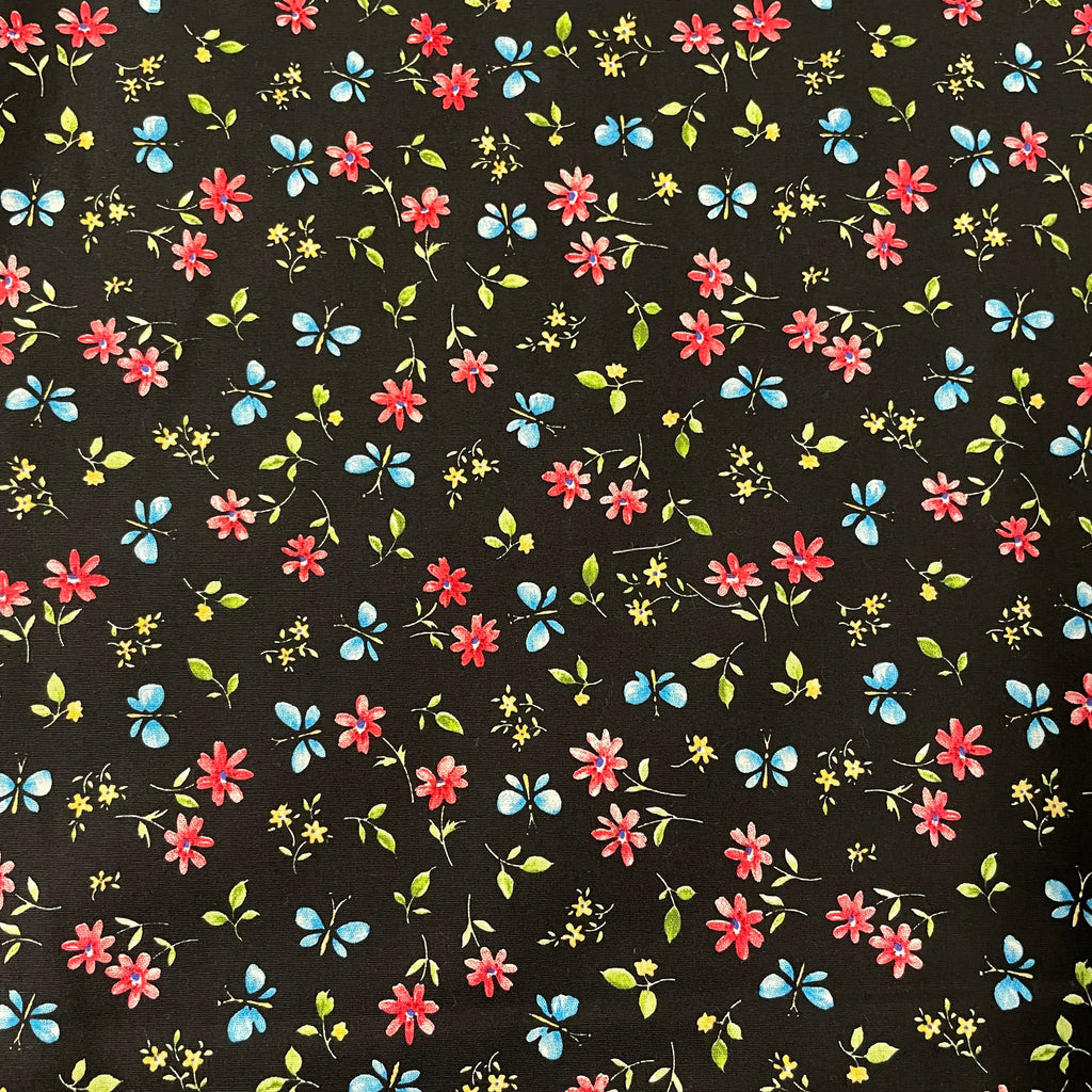 FS854_1 Black Small Floral Cotton Poplin | Fabric | Button, Buttons, Cotton, Cotton Poplin, drape, Fabric, fashion fabric, Floral, Flower, Kids, making, Rose, Roses, Sale, sewing, Skirt, Woven | Fabric Styles