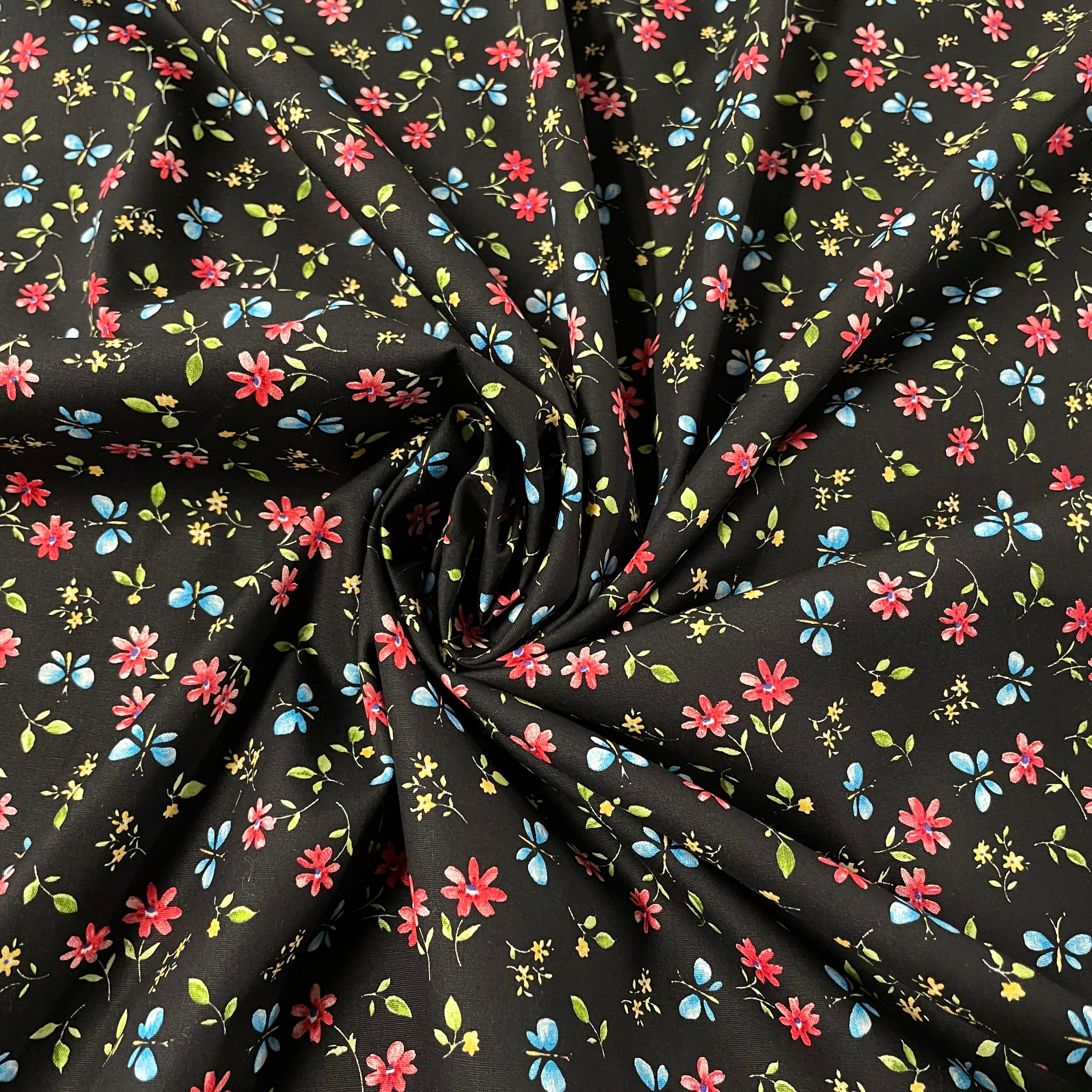 FS854_1 Black Small Floral Cotton Poplin | Fabric | Button, Buttons, Cotton, Cotton Poplin, drape, Fabric, fashion fabric, Floral, Flower, Kids, making, Rose, Roses, Sale, sewing, Skirt, Woven | Fabric Styles