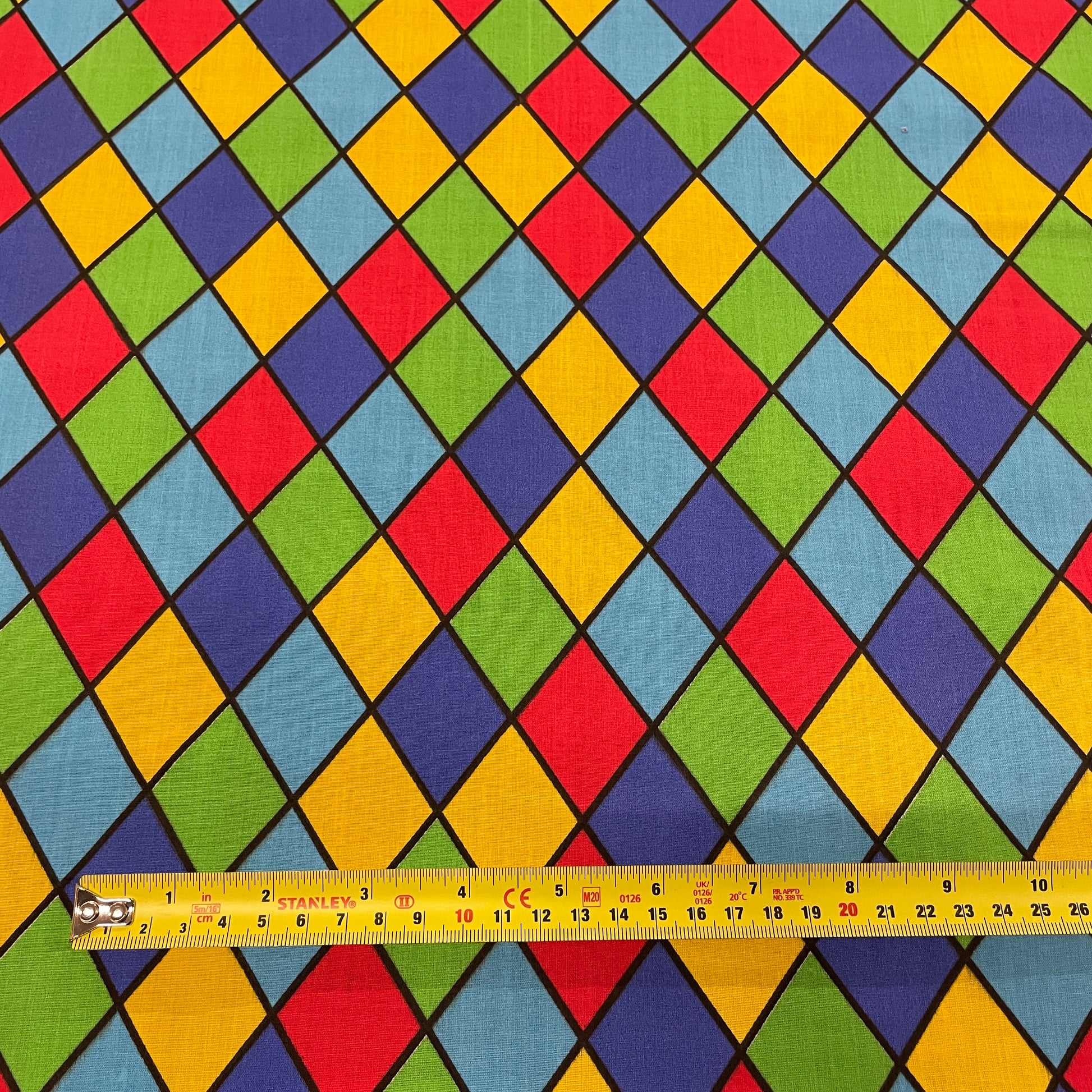FS687_2 Royal Harlequin Polycotton | Fabric | Black, Check, drape, Fabric, fashion fabric, Harlequin, making, Multicolour, Poly, Poly Cotton, sewing, Skirt, Squares, Tartan, White | Fabric Styles