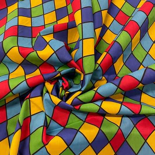 FS687_2 Royal Harlequin Polycotton | Fabric | Black, Check, drape, Fabric, fashion fabric, Harlequin, making, Multicolour, Poly, Poly Cotton, sewing, Skirt, Squares, Tartan, White | Fabric Styles