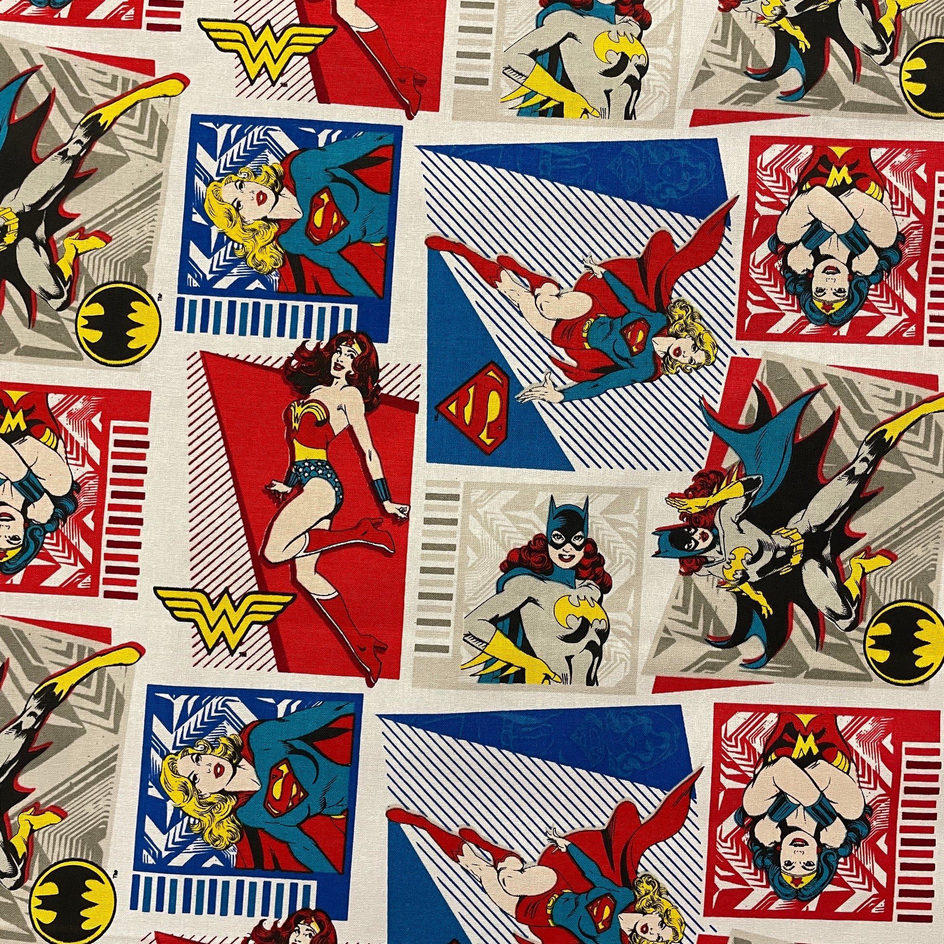 FS783_6 Heroines Stacked Original Heroes | Fabric | Batman, Batwoman, Blue, Brand, Branded, Children, comic, comics, Cotton, Cotton SALE, dc, drape, Fabric, fashion fabric, flash, hero, Kaboom, Kids, Light blue, logo, making, man, Navy, Pow, super, superhero, Superman, superwoman | Fabric Styles