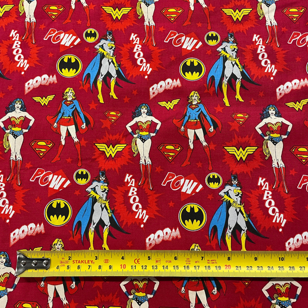 FS783_5 Heroines Stacked Girl Power DC | Fabric | Batman, Batwoman, Blue, Brand, Branded, Children, comic, comics, Cotton, Cotton SALE, dc, drape, Fabric, fashion fabric, flash, hero, Kaboom, Kids, Light blue, logo, making, man, Navy, Pow, Red, super, superhero, Superman, superwoman | Fabric Styles