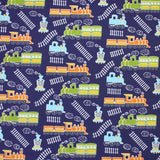 FS771_1 Train Track Poly Cotton Fabric Navy | Fabric | Children, Colourful, drape, Fabric, fashion fabric, FS771, Green, Kids, making, Navy, Poly, Poly Cotton, Sale, sewing, Skirt, Train Track, Unicorn, White | Fabric Styles