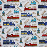 FS771_2 Train Track Polycotton | Fabric | Children, Colourful, drape, Fabric, fashion fabric, FS771, Green, Kids, making, Navy, Poly, Poly Cotton, Sale, sewing, Skirt, Train Track, Unicorn, White | Fabric Styles