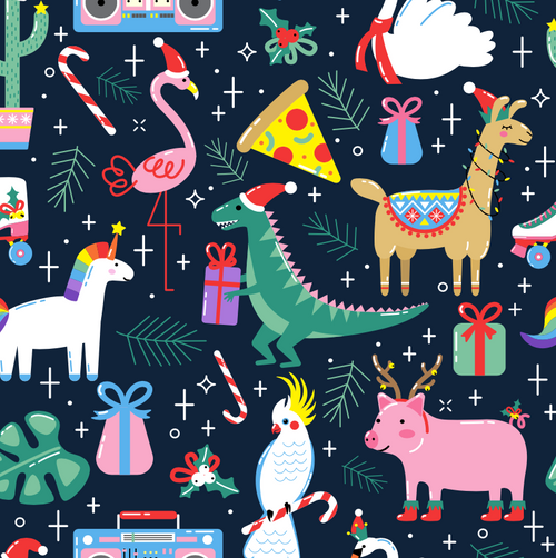 FS1083 Dinosaur Xmas Scuba Stretch Knit Fabric Navy | Fabric | childrens, Christmas, Christmas scuba, christmas tree, Colours, Craft, Crafts, dino, dots, Fabric, Fabrics, fashion fabric, flamingo, kids, scuba, sewing, unicorn, xmas | Fabric Styles