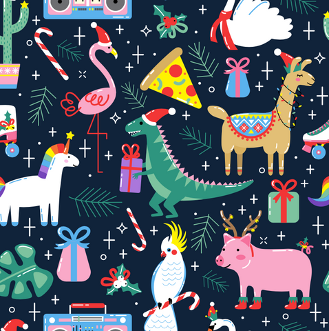 FS1083 Dinosaur Xmas Scuba Stretch Knit Fabric Navy | Fabric | childrens, Christmas, Christmas scuba, christmas tree, Colours, Craft, Crafts, dino, dots, Fabric, Fabrics, fashion fabric, flamingo, kids, scuba, sewing, unicorn, xmas | Fabric Styles