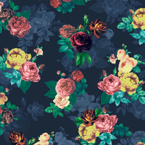 FS099_2 Roses Stretch Knit Fabric Navy | Fabric | drape, Fabric, fashion fabric, Floral, Flower, Navy, Scuba, sewing, Stretchy | Fabric Styles