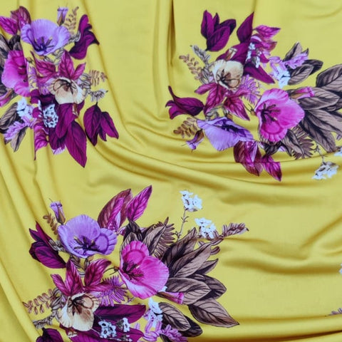 FS652_2 Yellow Floral | Fabric | drape, elastane, Fabric, fashion, fashion fabric, Floral, Flower, Flowers, making, Neon, pink, polyester, Sale, sewing, spandex, stretch, Stretchy, Swim, Swimming, Swimwear, Yellow | Fabric Styles
