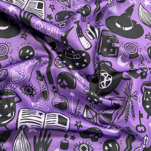 FS1063 Spooky Witchcraft Scuba Stretch Knit Fabric Purple | Fabric | Digitall, fabric, Halloween, Material, Potion, potions, Printed, purple, scuba, witch, Witch Hat | Fabric Styles